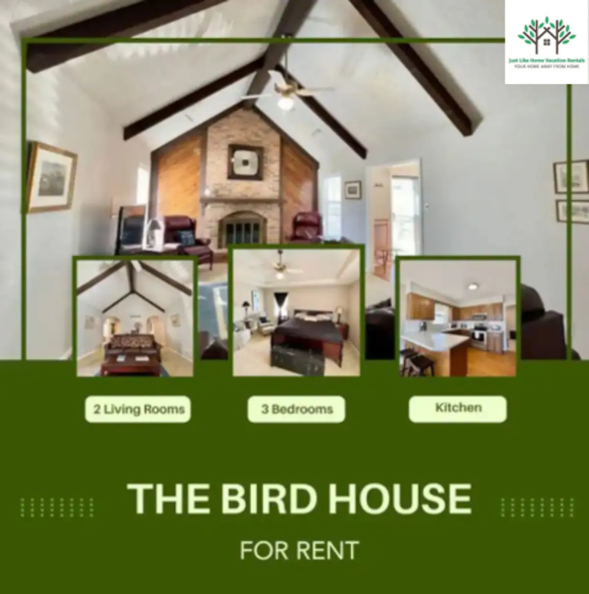 The image showcases a spacious, light-filled living area with soaring high ceilings, beautiful exposed wooden beams, a striking brick fireplace, and a comfortable seating arrangement. The inviting space is perfect for relaxation or gathering with friends and family.