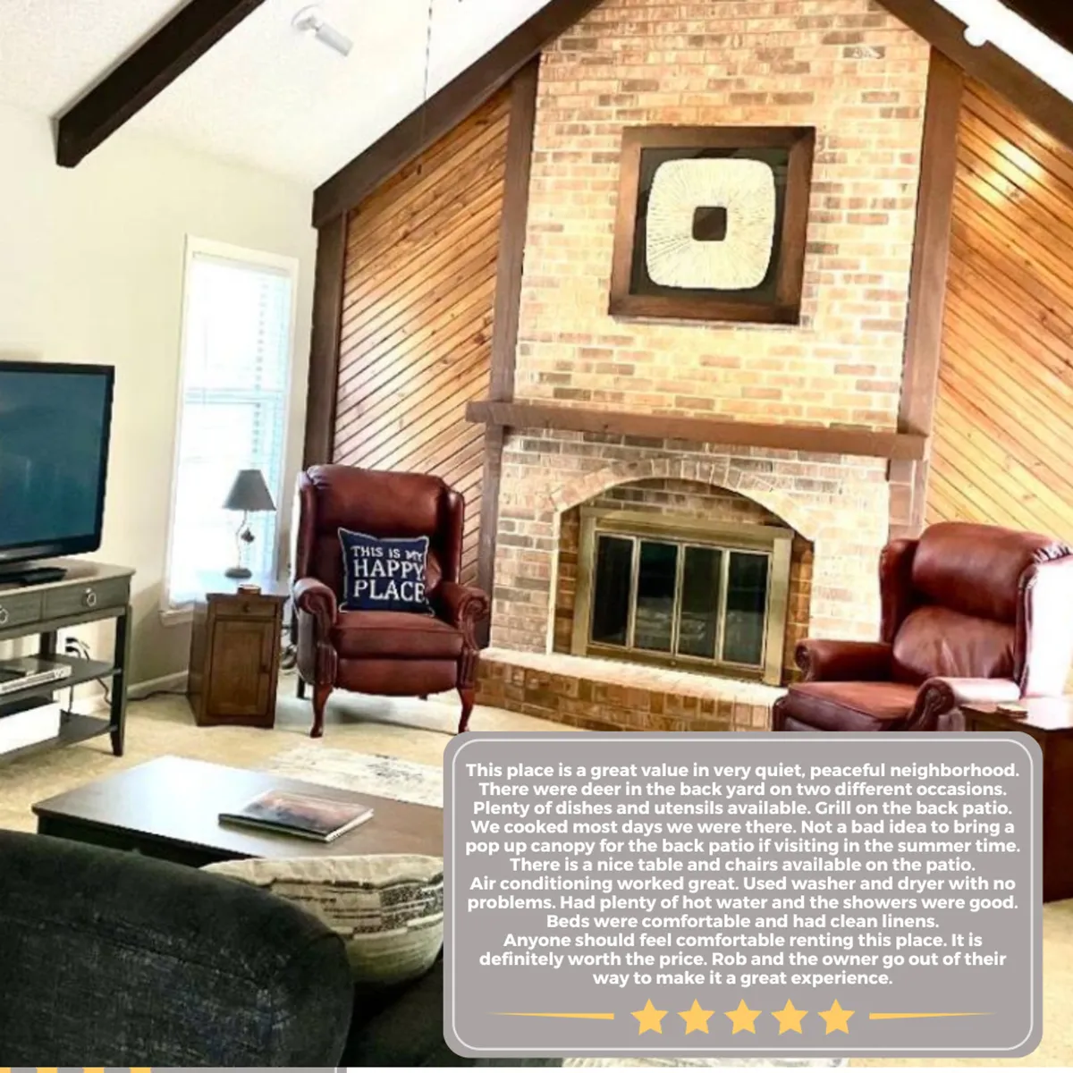A cozy living area with plush leather armchairs, a glowing fireplace, TV, decorative wall art, and a central coffee table. The arrangement encourages relaxation, reading, or socializing and radiates warmth and comfort, perfect for unwinding or gathering with friends.